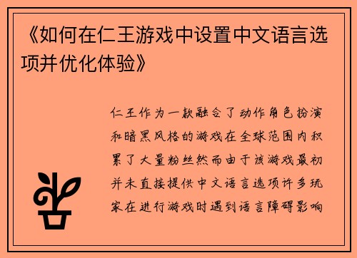 《如何在仁王游戏中设置中文语言选项并优化体验》