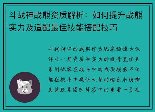 斗战神战熊资质解析：如何提升战熊实力及适配最佳技能搭配技巧