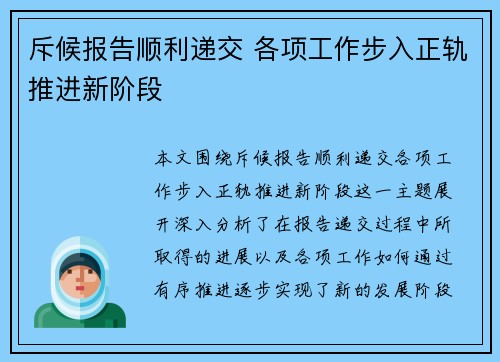 斥候报告顺利递交 各项工作步入正轨推进新阶段